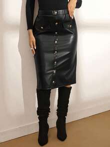 Zelara Jupe commuter en PU décorée de boutons, grande taille, nouvelle collection automne-hiver, idéale pour les fêtes de Thanksgiving et du Nouvel An