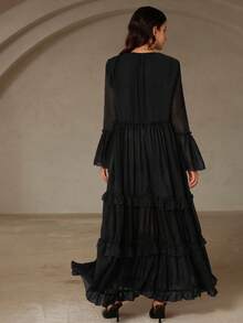 Arave Vestido con manga larga acampanada, cuello en V profundo, volantes y dobladillo con volantes en capas, de gasa color rojo ladrillo, estilo bohemio reversible para mujer - Negro - Ver 2