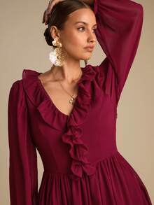 Enchnt Sukienka damska w jednolitym kolorze z falbaniastym kołnierzykiem i długim rękawem - Burgund - Zobacz 2
