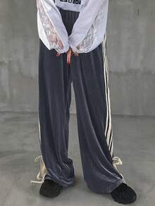 FRIFUL Quần ống rộng buộc dây kẻ sọc tương phản dành cho nữ - Xám - Xem 6