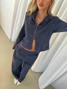 Siren Gaze 2 Stücke/Set marineblau gestreifter Slim Fit Langarm Hemd und Hose Lässig Anzug, modisches gestreiftes Top und Hosen Set für Frauen - marineblau - Übersicht 4