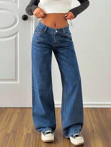 EURMUSE Mid Waist Wash Detailed Wideleg Jean Y2k Jeans Y2k Outfit 90s Outfit Women Crop Tops Y2k Jean Outfit Set - Medium Wash - View 7