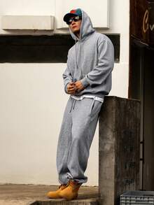 DAZY Setelan Sweatsuit Fleece Abu-abu Pria, Hoodie Musim Gugur/Dingin - Grey - View 5