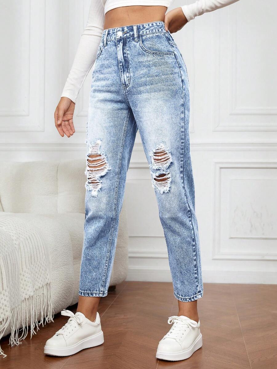 EMERY ROSE Plus Size Women High Waist Pockets Distressed Straight Leg Casual Jeans - Blue - View 1