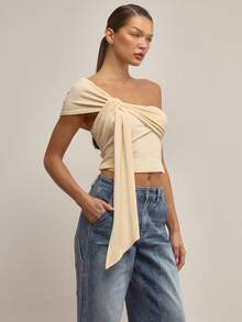 MUSERA Asymmetric Velour Drape Fitted Top Elegant Autumn Fall  Cute Sexy Gallerie Spring Summer Holiday - Beige - View 3
