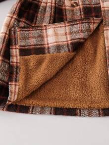 SHEIN Elladie kids 年轻女孩格子保暖内衬连帽双排扣冬季外套，时尚休闲日常穿着 - 棕色 - 查看 8