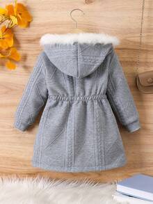 女童灰色连帽仿毛领长袖休闲保暖拉链冬装外套 - 灰色 - 查看 2