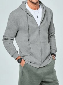 RueChic Men Zip Up Slant Pocket Drawstring Hoodie - Light Grey - View 4