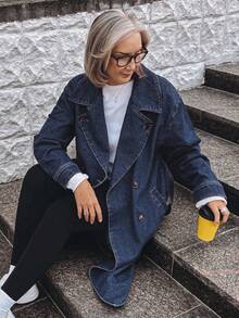 Vivie Lora Casual Loose Waist Tie Denim Jacket For Women, Long Sleeve - Blue - View 2