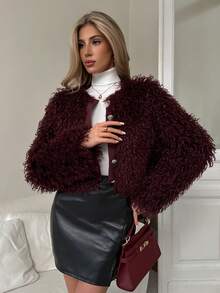 Elenzga Cropped Metal Buckle Fuzzy Cardigan - Burgundy - View 3