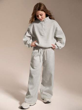 SHEIN Tween 女童四分之一拉链超大运动衫和宽松运动裤套装，返校季、秋冬、舒适秋季、圣诞节、可爱休闲日常胶囊衣橱、Y2K 街头服饰，灰色