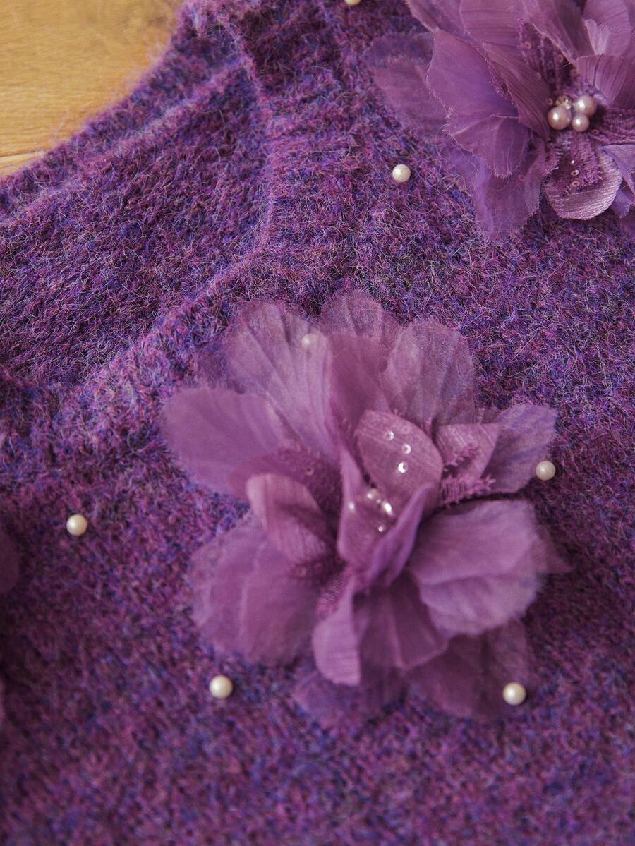 Aveloria Rosie Suéter holgado de cuello redondo con diseño floral 3D texturizado de moda que rejuvenece