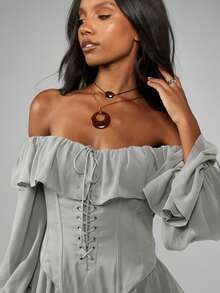 MISSGUIDED Off Shoulder Chiffon Ruffle Bodysuit With Lace Up Corset Detail Long Sleeve Festival Boho - Grey - View 6