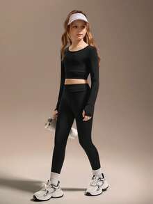 SHEIN Komplet sportowy dla dziewcząt w kolorze czarnym z długim rękawem, obcisły, bardzo elastyczny materiał z wycięciami na plecach w kratkę, odpowiedni do ćwiczeń, jazdy na rowerze, biegania i uprawiania sportu - Czarne - Zobacz 2