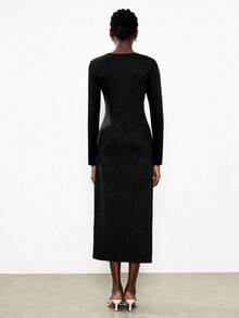 Lumivelle Women's Modern Round Neck Ruched Button Decor Waist Fitted Bodycon Side Slit Long Sleeve Dress - Black - View 2