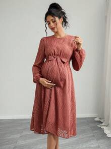 Momance Pregnant Women's Textured Round Neck Lantern Sleeve Belted Elegant Dress