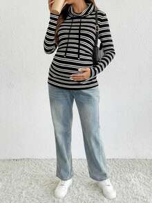 SHEIN 秋季/孕妇秋冬休闲通勤条纹长袖T恤 - 黑色 - 查看 7