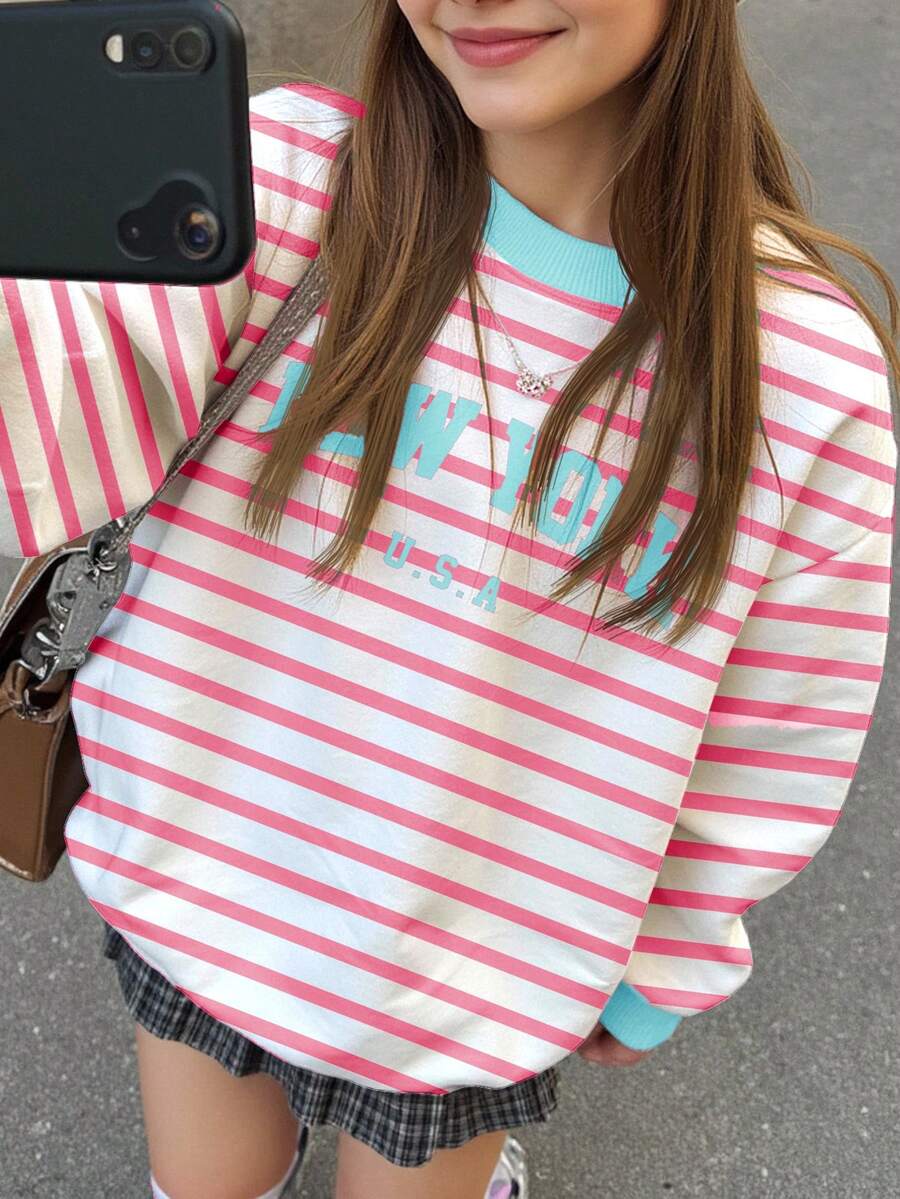 SHEIN Leap Crew 多巴胺条纹，青少年女孩休闲简约“纽约”字母宽松圆领舒适长袖运动衫，适合秋冬季，秋季服装，轻松舒适，女孩秋季分层，时尚儿童，休闲装，儿童图案运动衫，返校，秋装，返校节 - 彩色 - 查看 1