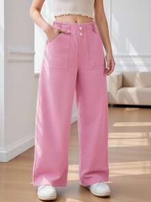 SHEIN Tween Girl Casual Vacation Style Roomy Leg Jeans With Baggier Waist And Multiple Pockets, School, Campus, College - Pink - View 6