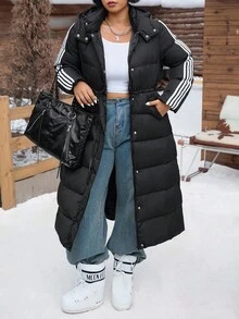 SHEIN EZwear 大尺碼女款休閒長款加厚外套，學院風，適合日常穿著，秋冬返校季 - 黑色 - 查看 7