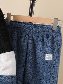2pcs/Set Boys' Casual Reversible Fleece Patchwork Color Block Hooded Outfit - Blue - View 6