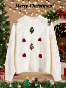 GlowEve Autumn/Winter New Christmas Element 3D Decor Cable Knit Crew Neck Drawstring Long Sleeve Comfortable Fabric Casual Elegant Sweater For Women, Suitable For Multiple Occasions