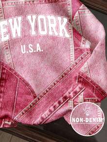 SHEIN EZwear 紫红色街头拼布城市文字“NEW YORK”图案印花卫衣，适合秋冬季穿着 - 彩色 - 查看 5