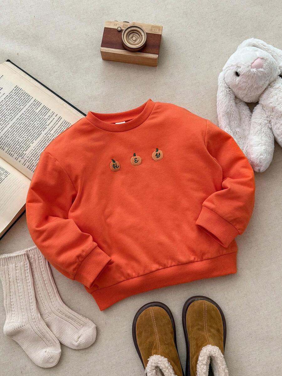 Blossori Kleine Mädchen Lässig Pullover mit Kürbis-Buchstaben-Stickerei, Rundhalsausschnitt, Langarm - Orange - Übersicht 1