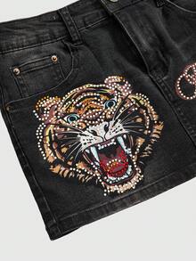ROMWE Avant Váy ngắn ôm sát denim đính đá họa tiết hổ cổ điển Y2K dành cho nữ - màu đen - Xem 2