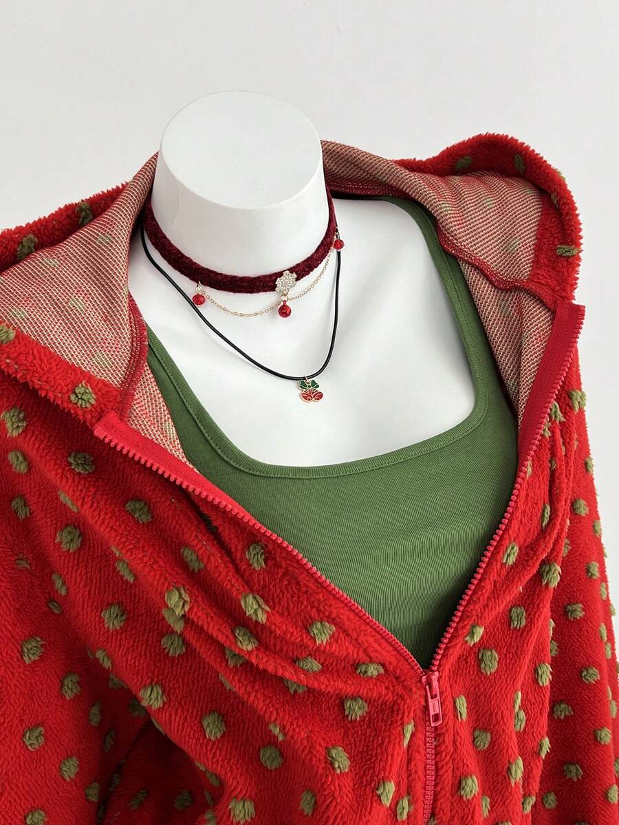 SHEIN Unity 女士红色圣诞树拉链落肩卫衣 - 紅色 - 查看 1