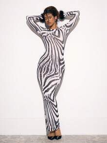 MUSERA Zebra Print Mesh Feathered Trim Fitted Long Sleeve Maxi Long Dress Autumn Fall Halloween S Night Out Party Sexy Elegant Chic Summer - Multicolor - View 5