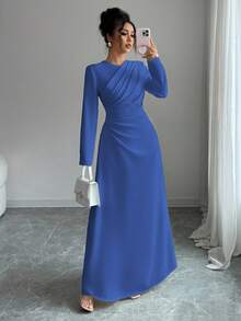 Lyxana Đầm Maxi Tay Dài Cổ Tròn Xếp Ly Eo Cho Nữ, Màu Trơn, Thanh Lịch, Trang Trọng, Công Sở, Đi Làm, Dịp Nghỉ, Tiệc Tùng, Cổ Điển, Phong Cách Trung Đông, Mùa Thu, Màu Vàng Nhạt - Màu xanh lam - Xem 7