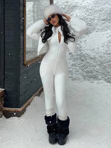 SHEIN EZwear Thermal Lined Women's Tight Jumpsuit, Suitable For Autumn/Winter - White - View 5