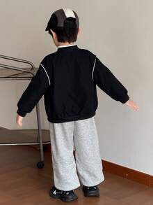 SHEIN Little Byeori Young Boy Casual Letter Embroidered Front Zip Baseball Jacket - Black - View 5