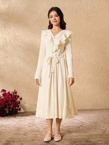 Ribbed Knit Ruffle Hem Elastic Waist Dress For Teens - Beige - View 3