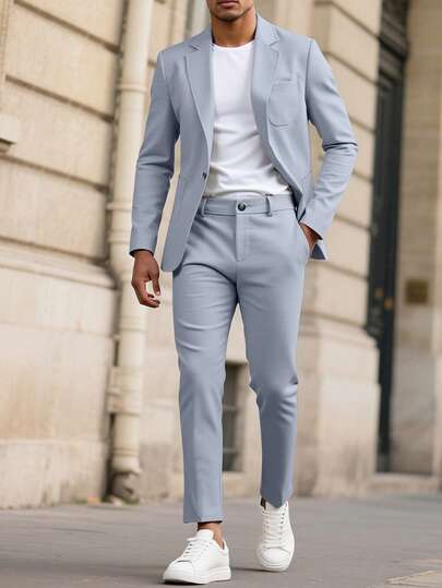 Manfinity Mode Men's Light Grey V-Neck Casual Suit Set, Spring/Summer Light Blue Mens Suit Dusty Blue Suits For Men Men 2 Piece Suit Mens Suit Set Light Blue Suit Men