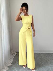 Elenzga Women's Chiffon Halter Asymmetrical Drawstring Hem Top + Wide Leg Pants 2 Pieces Set - Yellow - View 3
