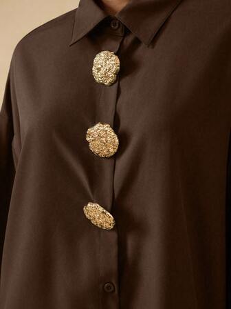 Vesra Camisa casual de mujer de manga larga con hombros caídos, decorada con hebilla metálica y corte holgado