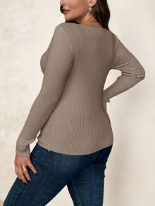 SHEIN Clasi 大码女式杏色圆领长袖打底毛衣，秋冬必备套头衫 - 駝色 - 查看 2