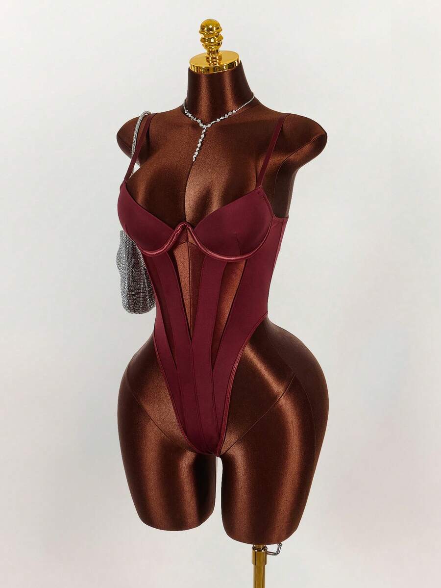 Amplova Bộ đồ liền thân khoét lỗ gợi cảm màu trơn dành cho nữ - Màu Đỏ Sâu - Xem 1