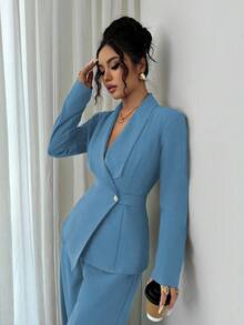 Elenzga Women's Elegant Lapel V-Neck Long Sleeve Unique Design Waist Belt Buttoned High-End Blazer Jacket And Straight Wide-Leg Pants Two Pieces Suit, Suitable For Work Commute In Autumn - Baby Blue - View 4