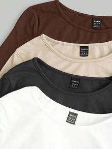 SHEIN EZwear 休闲百搭多色针织女式修身T恤，中性色上衣，女式长袖上衣，紧身上衣，多件装上衣，女式长袖上衣，长袖露脐上衣，女式长袖上衣，秋季，女式秋装 - 杏色 - 查看 7