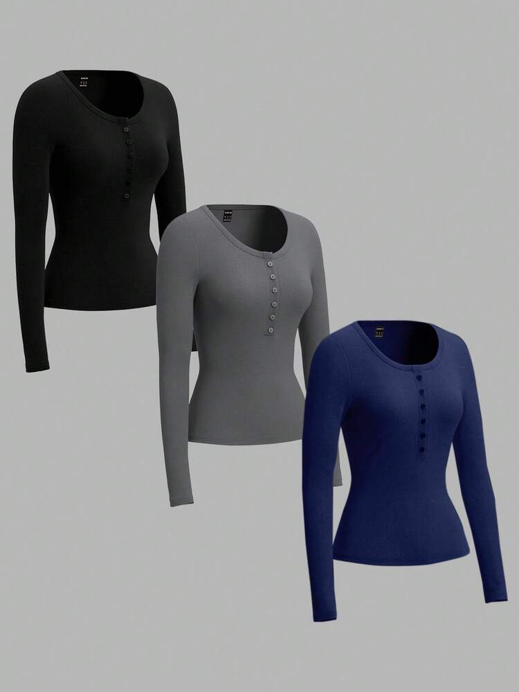 SHEIN EZwear Set de 3 camisetas de punto de cuello redondo y manga larga con botones para mujer de talla grande, adecuadas para otoño/invierno - Multicolor - Añade 3
