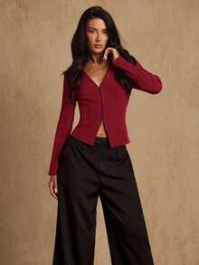 Glamine Áo khoác dài tay cài nút cổ sơ mi thanh lịch, tối giản, hở phía trước, dành cho nữ, áo khoác blazer đỏ, áo khoác đỏ tía, áo khoác đỏ rượu vang, áo khoác đỏ sẫm, áo khoác Giáng sinh cho nữ - Đỏ - Xem 5