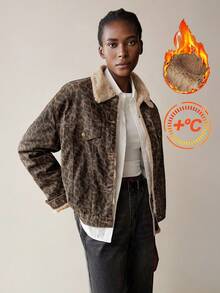 Maija 女式豹纹牛仔保暖内衬夹克复古长袖夹克豹纹图案冬季休闲装 - 彩色 - 查看 2