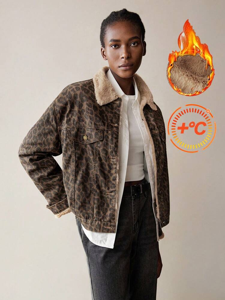 SHEIN Maija Women's Leopard Print Denim Thermal Lined Jacket Retro Long-Sleeved Jacket Leopard Print Pattern Winter Casual Wear