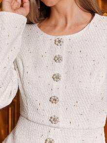 Amorya Women's Elegant Crew Neck Cardigan & Chiffon Skirt 2 Piece Set, Suitable For Daily & Occasion Wear, Autumn White Elegant Dress Women Long Sleeve Elegant Dress White Modest Dress White Skirt Set White Abaya Elegant Women's Set , Women Autumn Winter  Maija Fall Winter 2025 Women Maija - White - View 6