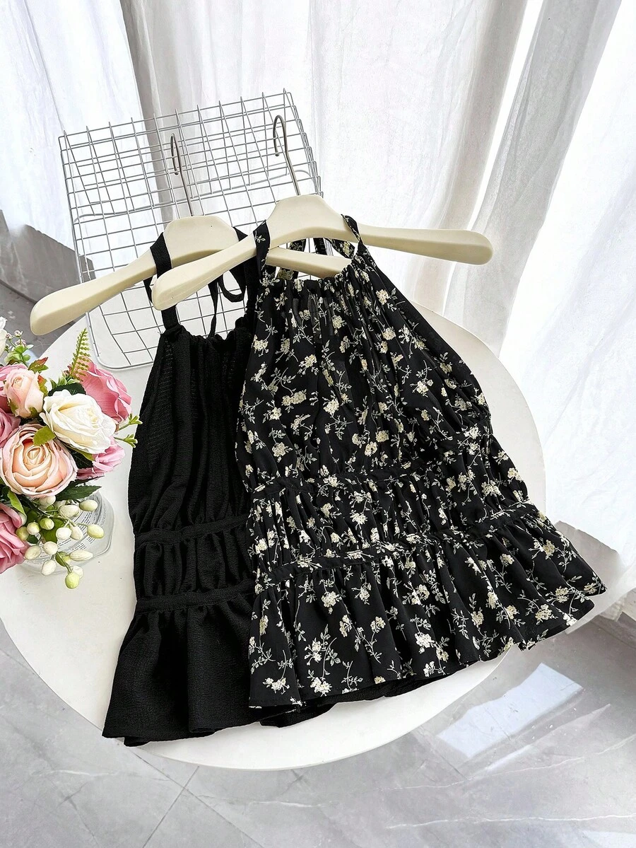 SHEIN EZwear Set de 2 piezas de camiseta y top de tirantes con estampado floral para tallas grandes, para primavera/verano - Multicolor - Ver 1