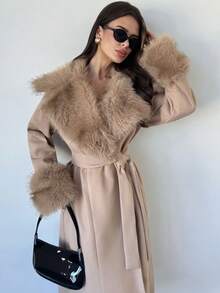 Firerie 女士优雅奢华复古硬币休闲、通勤、派对、都市时尚百搭保暖毛领、毛袖口、收腰长款驼色大衣，秋冬 - 杏色 - 查看 7