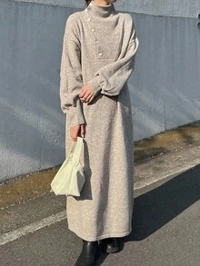 FRIFUL Women's Casual Loose Fit High Neck Button Decor Drop Shoulder Lantern Sleeve Straight Knit Sweater Dress, Versatile For Autumn Prom Dress - Khaki - View 1